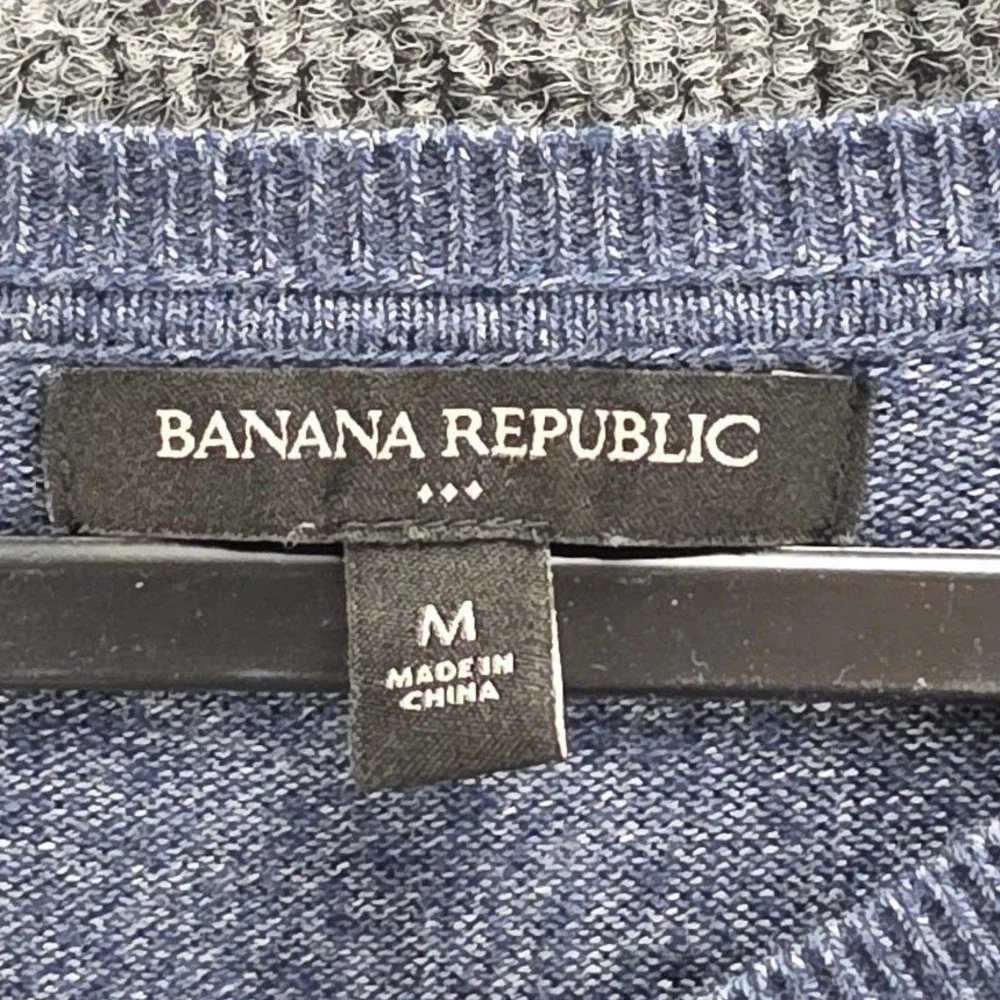 Banana Republic V-Neck Sweater Mens Sz M Blue Heather 100% Cotton Raglan Sleeve